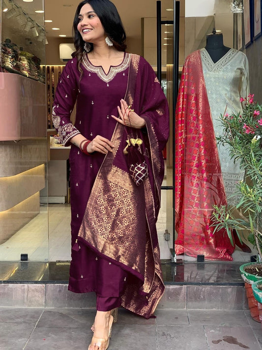 Wine Roman Silk Embroidered Kurta Set with Jacquard Dupatta – Women's Ethnic Wear