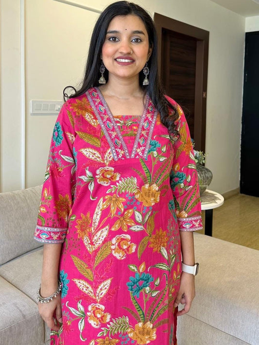 Elegant Pink Printed Embroidered Cotton Kurta Set