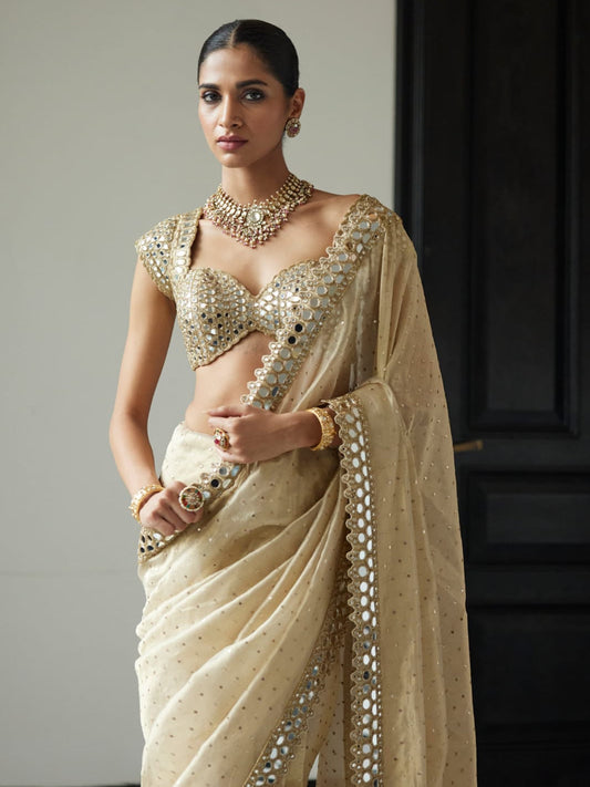 Heavy Organza Saree with Original Mirror Embroidery Work & Stitched Mono Silk Blouse – Premium Designer Collection