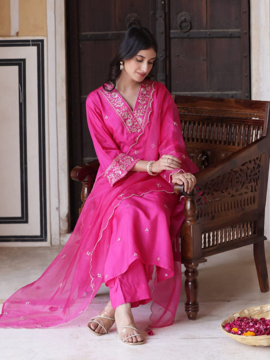 New Arrival Rani Color Viscose Chanderi Kurta Set For Women