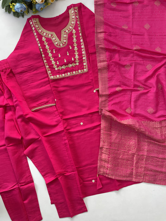 Elegant Rani Color Heavy Roman Silk Kurta Set For Women