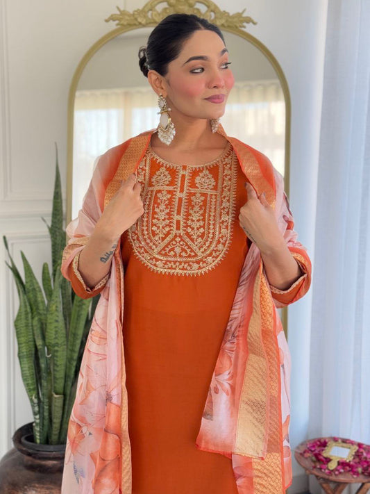 Premium Viscose Rayon Kurta Set – Orange with Butti Jacquard Dupatta