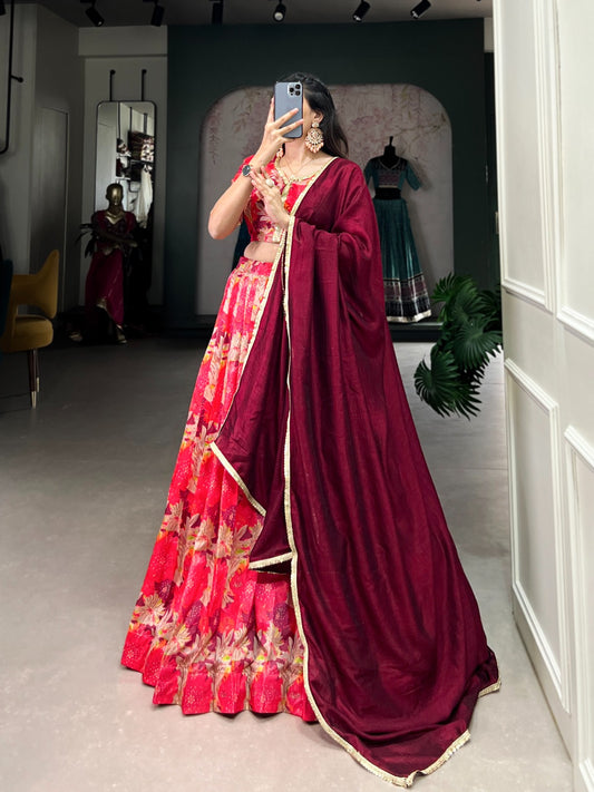 Red Printed Half Saree For Women
