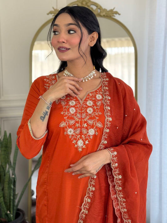 Orange Viscose Chinon Embroidered Kurta Set with Chanderi Cotton Dupatta