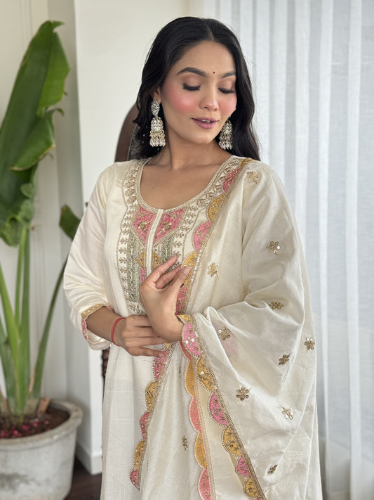 Exclusive OffWhite Color Heavy Viscose Chanderi Embroidered Kurta Set For Women