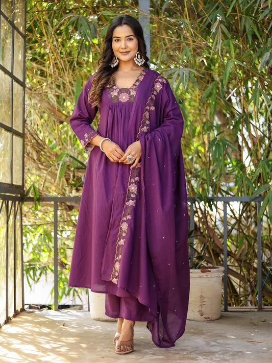 Women's Rayon Slub Kurta Set – Chanderi Cotton, Fully Embroidered
