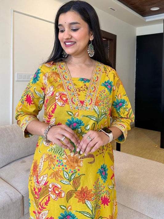 Yellow Heavy Cotton Kurta Set with Prints & Embroidery