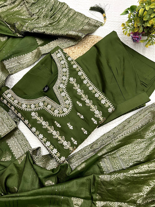 Elegant Green Color Heavy Roman Silk Kurta Set For Women