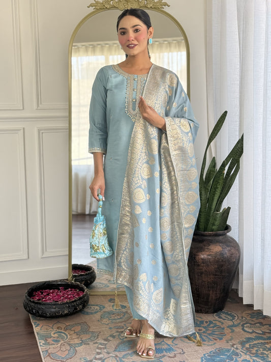 Viscose Chanderi Embroidered Kurta Set with Jacquard Dupatta – Women's Ethnic Wear