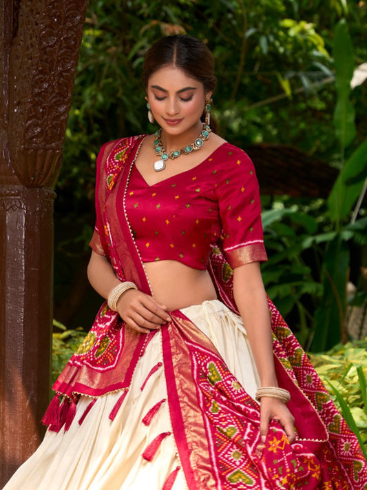 Women's Heavy Tussar Silk Patola Print Lehenga Choli with Dupatta - Unstitched Blouse - Red Color
