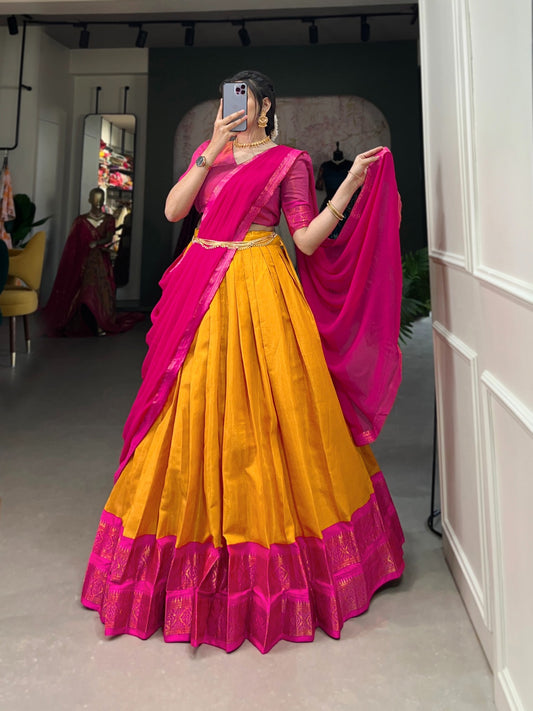 Latest Kanchipuram Silk Mustard Half Saree