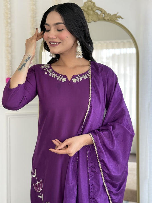 Purple Viscose Rayon Embroidered Kurta Set with Chinon Dupatta
