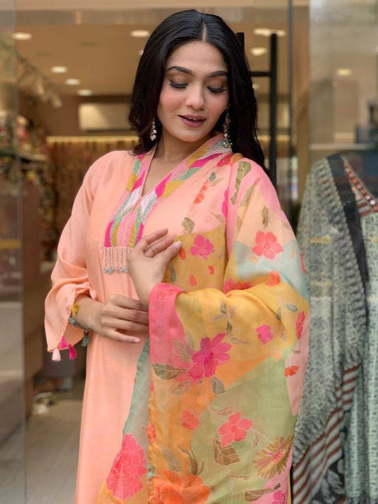 Peach Reyon Slub Embroidered Kurta Set with Tabby Printed Dupatta – Women's Ethnic Wear