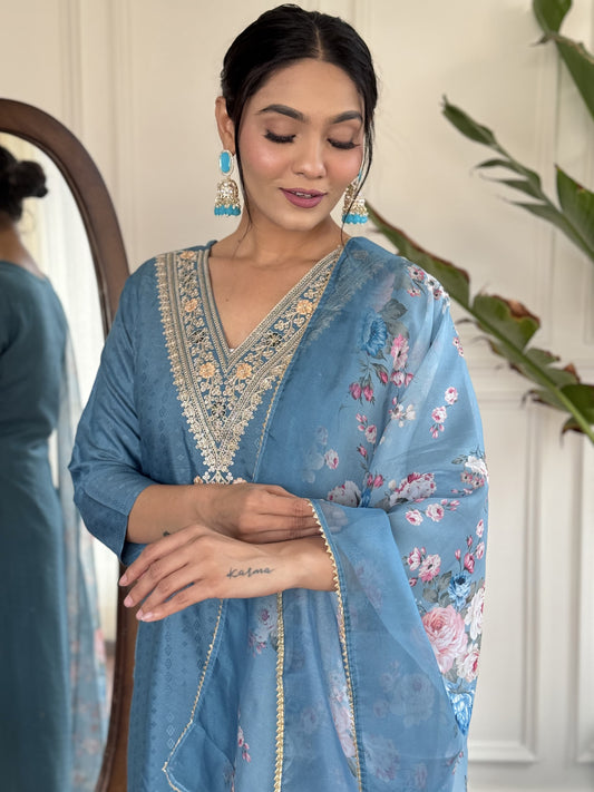 Elegant Viscose Rayon Embroidered Set with Stylish Tabby Dupatta For Women's