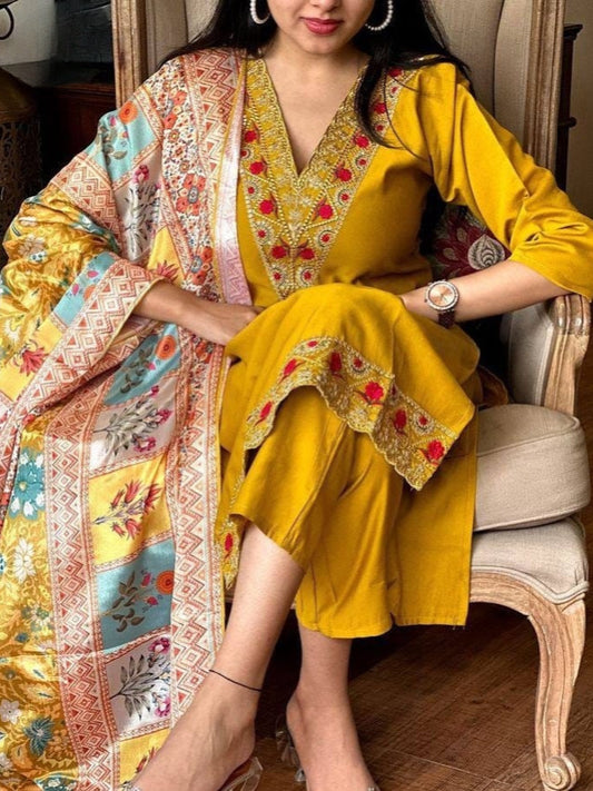 Vibrant Yellow Chanderi Kurta Set with Flowing Silk Crepe Dupatta