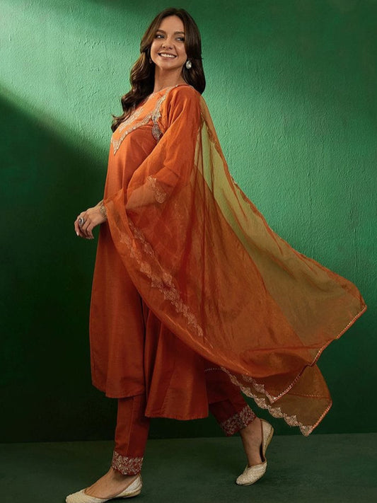 Embroidered Silk Kurta Set in Orange with Jacquard Dupatta