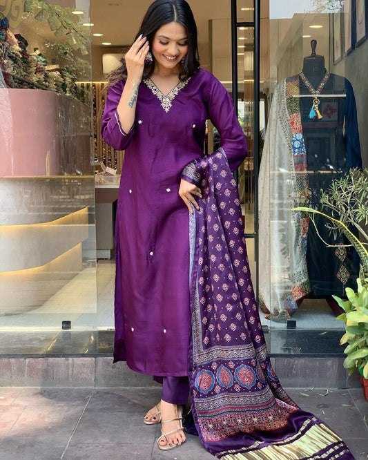 Purple Roman Silk Kurta Set For Women