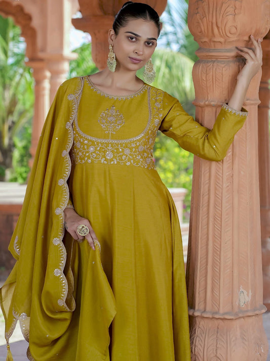 Elegant Yellow Mustard Vichitra Silk Embroidered Kurta Set