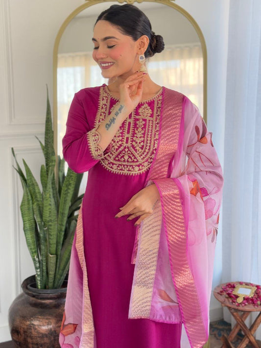 Wine Color Embroidered Kurta Set in Viscose Rayon with Jacquard Dupatta