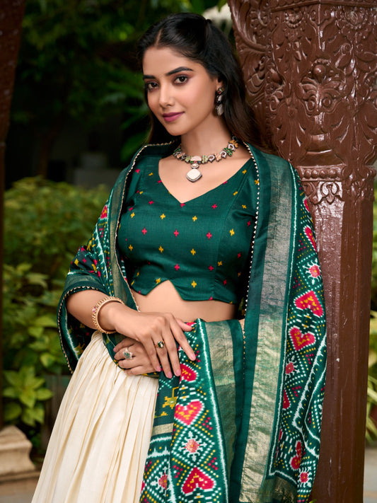 Green Designer Tussar Silk Lehenga with Patola Print & Dupatta - Unstitched Blouse Piece - Women's