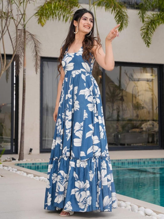 Blue Floral Printed Heavy Cotton Gown Summer Collection For Women's