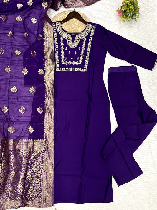 Elegant Purple Color Heavy Roman Silk Kurta Set For Women