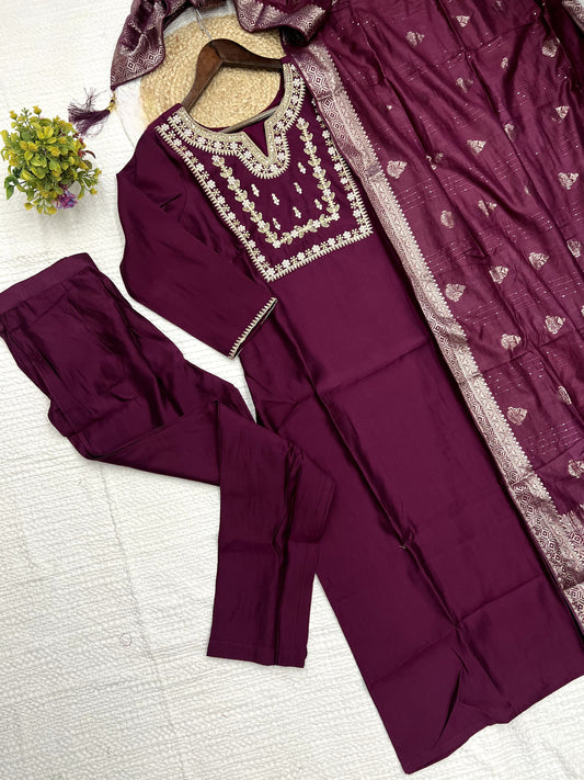 Elegant Wine Color Heavy Roman Silk Kurta Set For Women