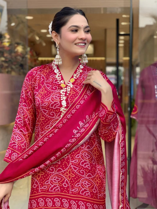 Women's Bandhani Print Pink Kurta Set with Dupatta – Festive & Traditional Wear