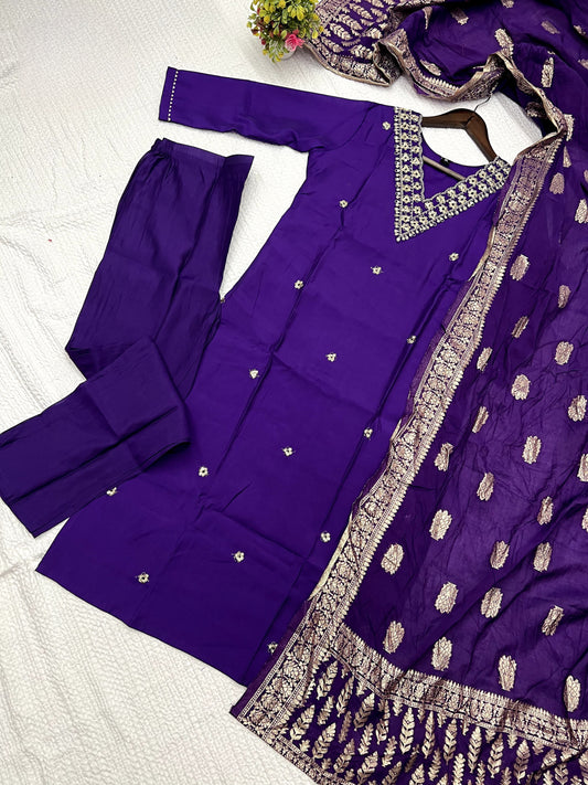 Elegance Heavy Viscose Chanderi Embroidered Kurta Set For Women