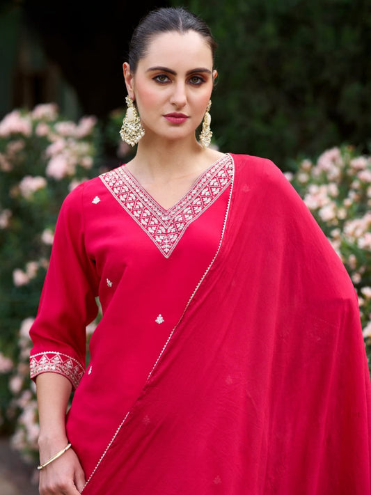 Women's Slub Rayon Kurta Set with Embroidery & Chinon Dupatta