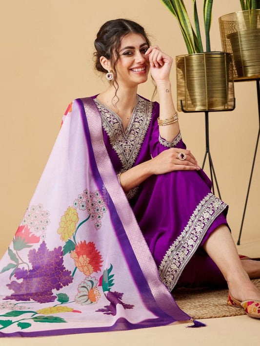 Purple Viscose Chinon Embroidered Kurta Set with Jacquard Dupatta – Women's Ethnic Wear