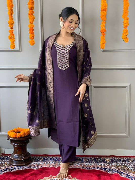 Purple Viscose Chanderi Kurta Set For Women