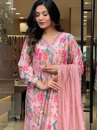 Pink Reyon Slub Printed & Embroidered Kurta Set with Chinnon Dupatta – Women's Ethnic Wear