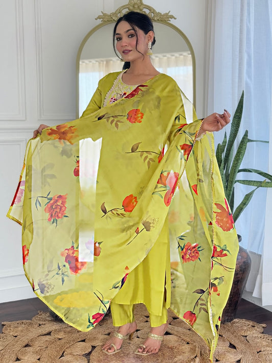 Lemon Heavy Rayon Embroidered Kurta Set with Tebby Digital Print Dupatta For Women's