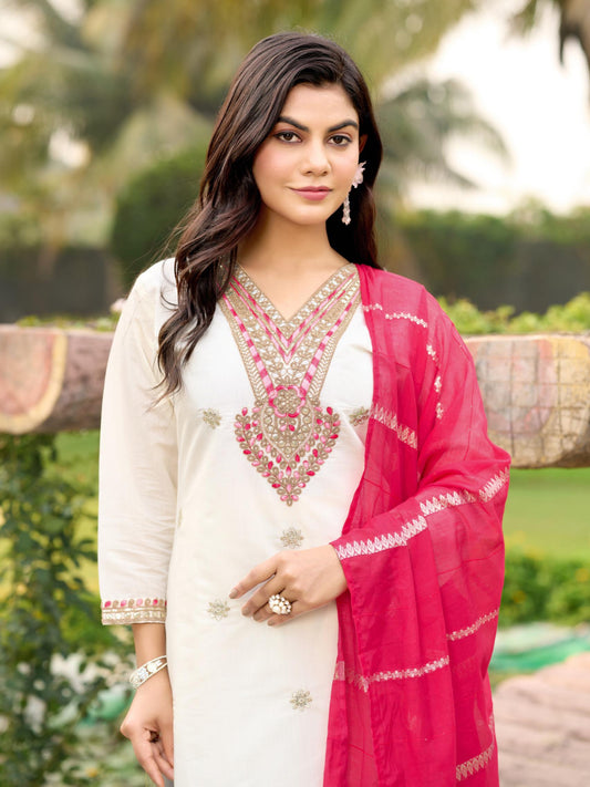 Designer Offwhite Roman Silk Kurta Set with Cotton Silk Dupatta & Intricate Embroidery