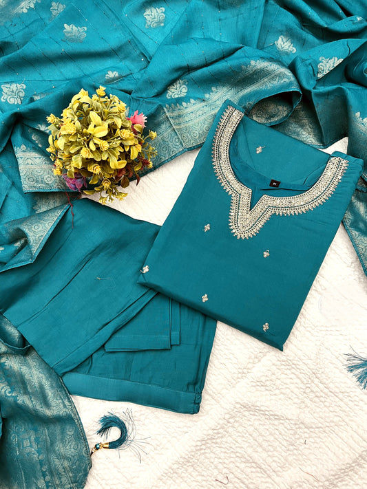 Teal Rama Roman Silk Embroidered Kurta Set with Jacquard Dupatta – Women's Ethnic Wear