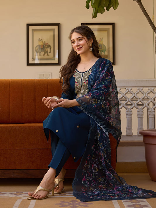 Women's Handwork Kurta Set in Viscose Chanderi with Embroidered Organza Dupatta
