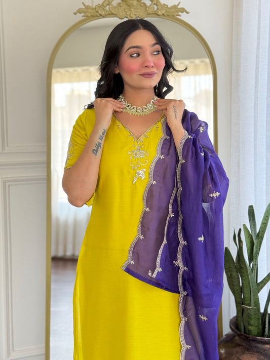 Elegant Lemon Viscose Chanderi Embroidered Kurta Set with Chanderi Silk Dupatta