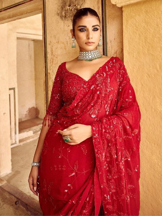New Design Heavy Georgette Sequins Embroidery Work Saree For Women