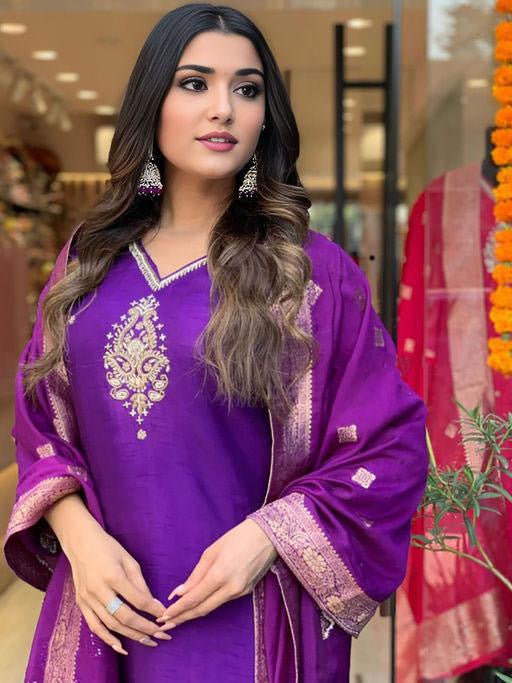 Elegant Purple Roman Silk Embroidered Kurta Set With Maslin Jacquad Dupatta For Women