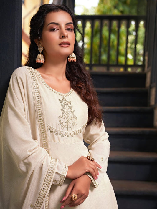 New Arrival Cream Color Vichitra Silk Embroidered Kurta Set For Women's