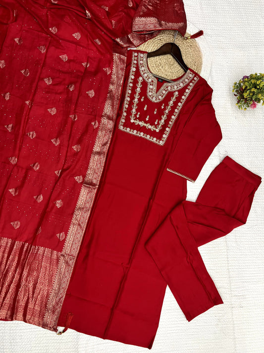 Elegant Red Color Heavy Roman Silk Kurta Set For Women