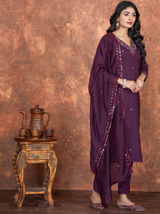 Wine Roman Silk Embroidered Kurta Set with Viscose Chanderi Dupatta – Women's Ethnic Wear