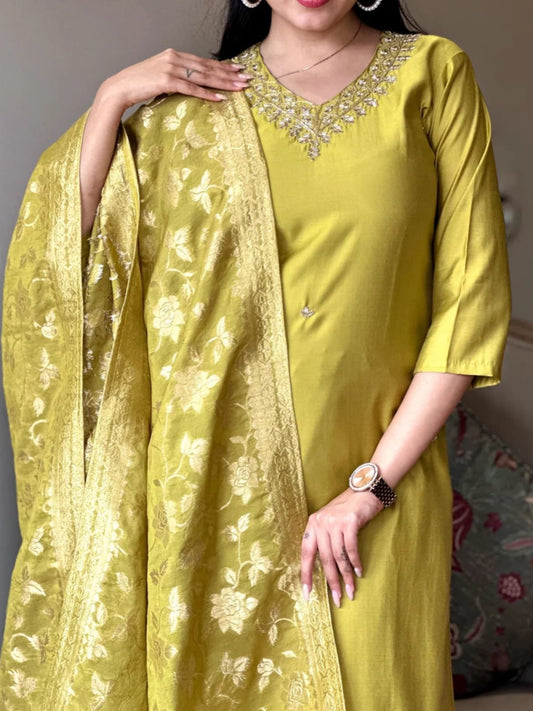 Elegant Florent Yellow Color Viscose Chanderi Kurta Set For Women
