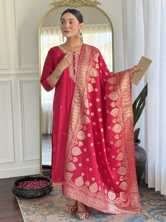 Viscose Chanderi Embroidered Kurta Set with Jacquard Dupatta – Women's Ethnic Wear