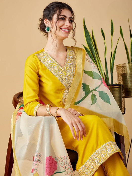 Yellow Viscose Chinon Embroidered Kurta Set with Rich Jacquard Dupatta – Festive & Party Wear for Women