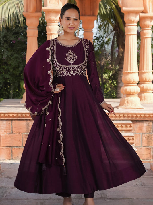 Elegant Wine Vichitra Silk Embroidered Kurta Set