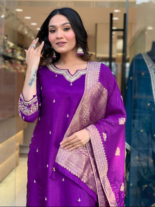Purple Roman Silk Embroidered Kurta Set with Jacquard Dupatta – Women's Ethnic Wear
