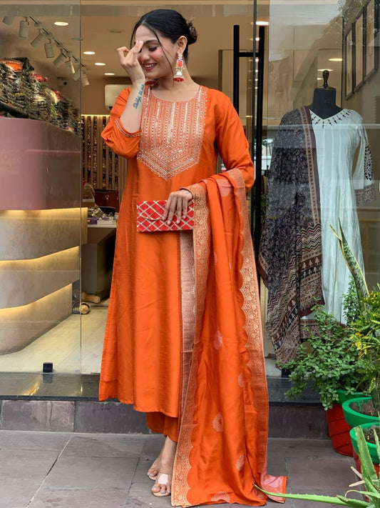 Festive Organge Embroidered Pv Silk Kurta Set With Jacquard Dupatta For Women