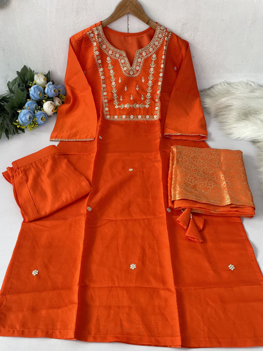 Elegant Orange Color Heavy Roman Silk Kurta Set For Women